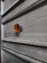 Load image into Gallery viewer, Firefly ~Amber Carved Glass Knob with Raised Detail & Antiqued Brass Base -4 pc