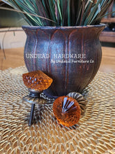 Load image into Gallery viewer, Firefly ~Amber Carved Glass Knob with Raised Detail & Antiqued Brass Base -4 pc