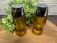 Load image into Gallery viewer, Vintage MCM King Crown Amber Glass Salt &amp; Pepper Shaker Set
