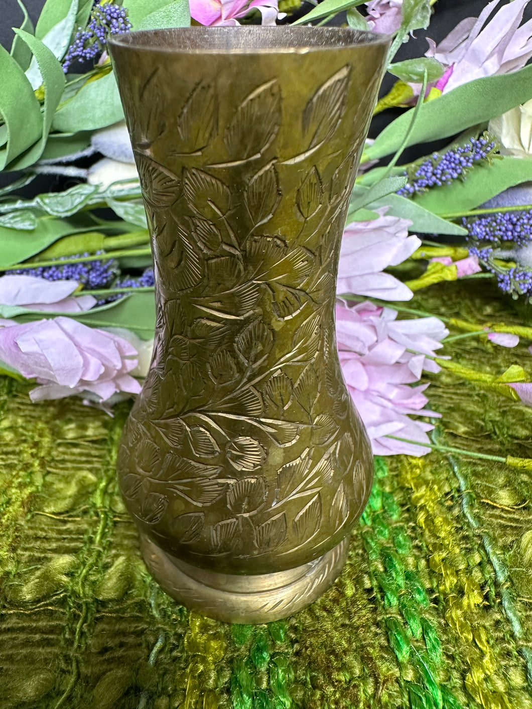 Vintage Solid Brass Etched Vase - India