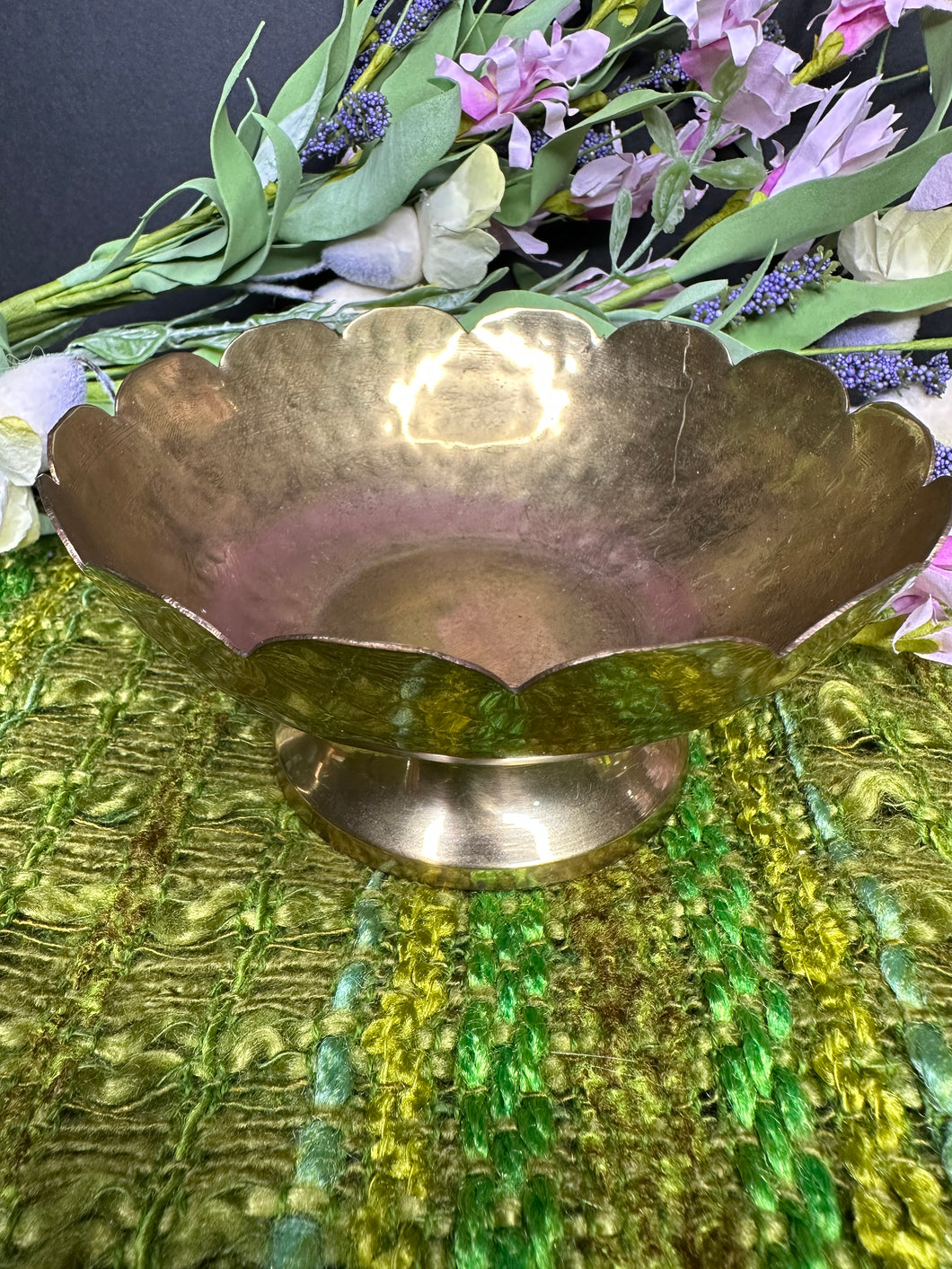 Vintage Solid Brass Pedestal Bowl with Scalloped Edge- India