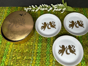 Vintage Ceramic Coaster Set with Gold Angel & Box -Japan