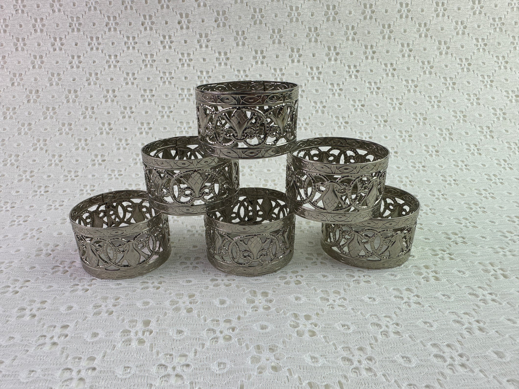 Stamped & Cut Silver Metal Napkin Ring Set -6pc