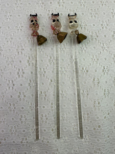 Vintage 1950's Cow with Bell Glass Cocktail Stirring Sticks Set