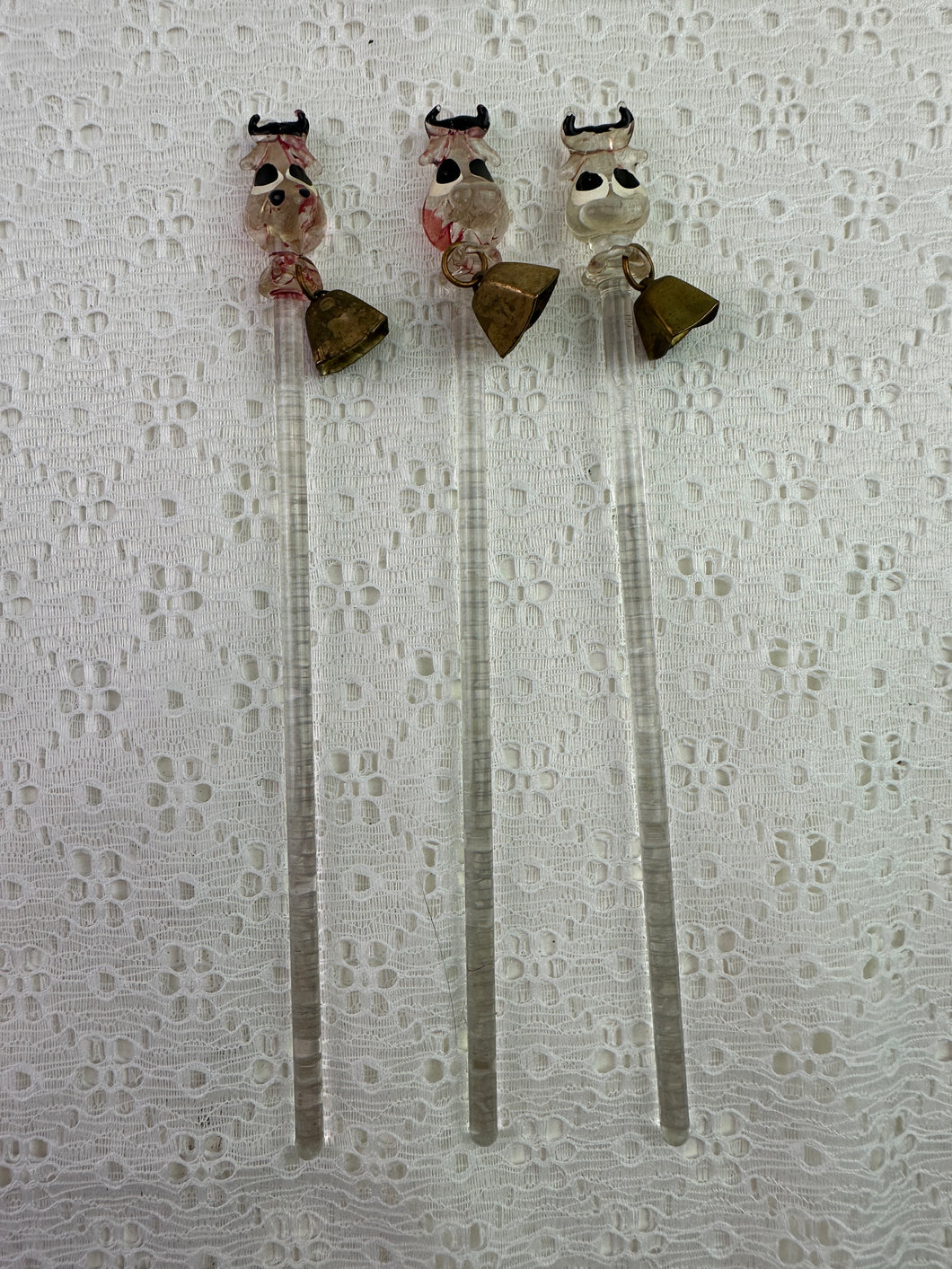 Vintage 1950's Cow with Bell Glass Cocktail Stirring Sticks Set