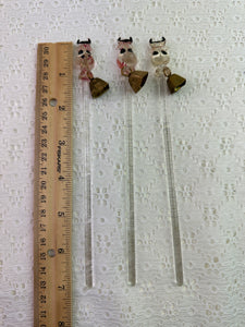 Vintage 1950's Cow with Bell Glass Cocktail Stirring Sticks Set