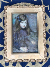 Load image into Gallery viewer, Girl with Cat Art Print in Brass Colored Wood Frame - September Live Sale 2026
